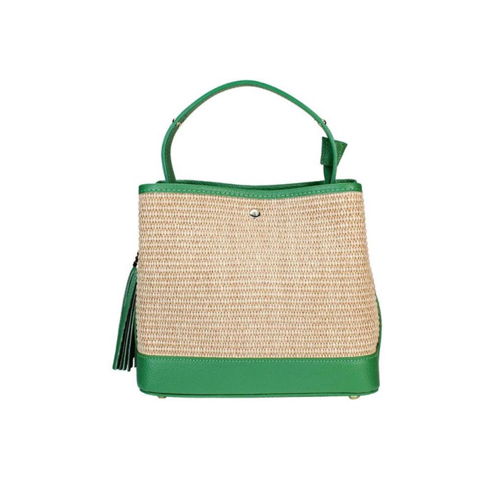 Woven Raffia Tote Bag with Green Italian Leather Accents Handbag Shoulder